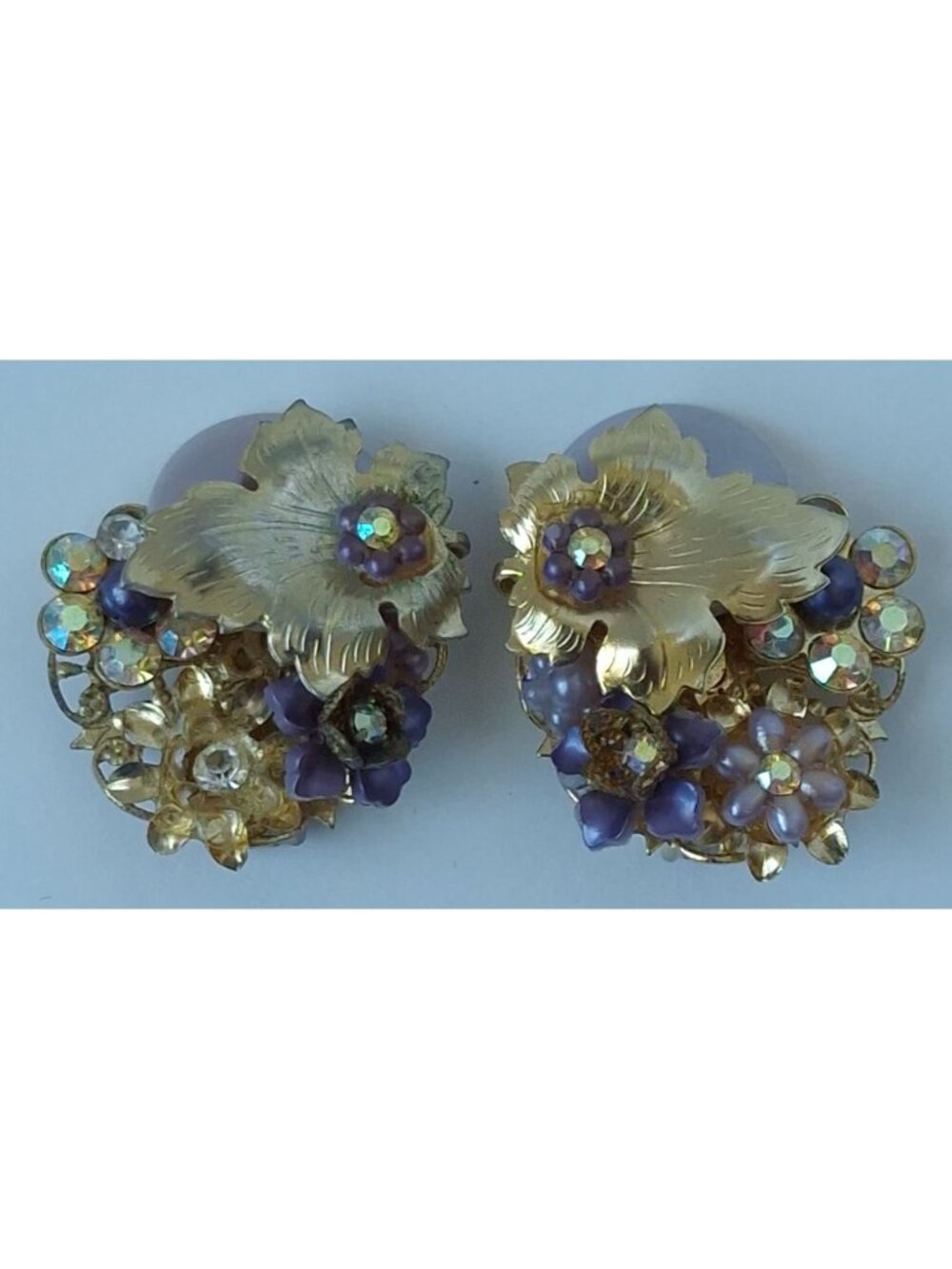 Vintage Signed Bejewel Lavender Lucite Floral AB Rhinestone Filigree Clip Earrin